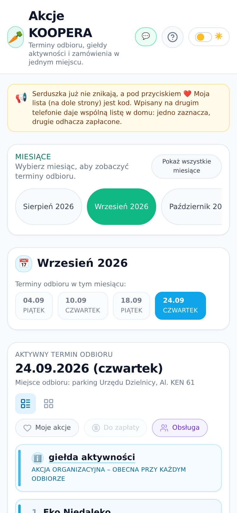 Zrzut ekranu aplikacji KOOPERA na telefonie: termin odbioru, miejsce i lista akcji na ten dzień.