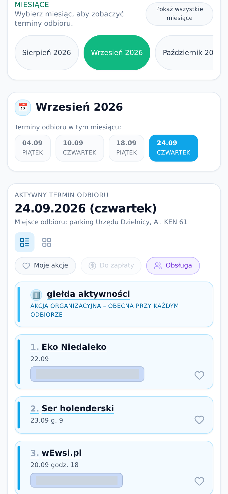 Zrzut ekranu aplikacji KOOPERA: widok listy z terminem, miejscem odbioru i pełnymi kartami akcji.